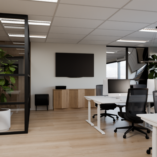 Vergaderruimte met textured behang en houten panelen bij Paperdigits