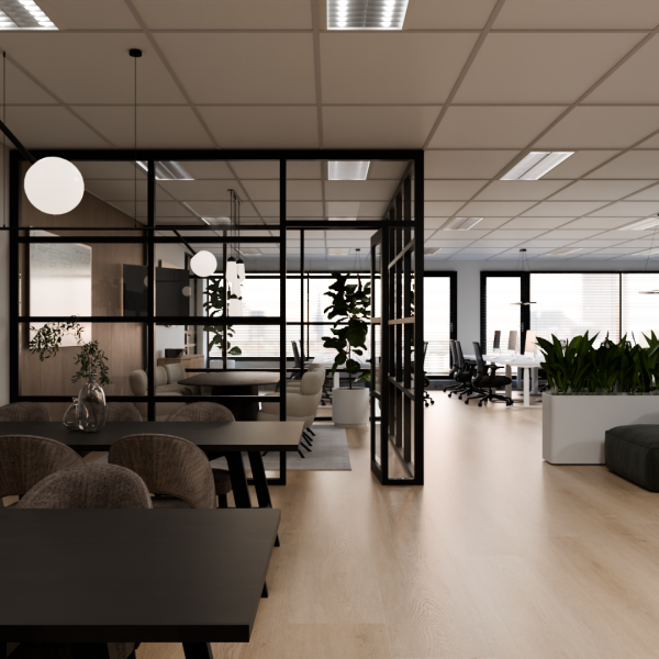 Vergaderruimte met textured behang en houten panelen bij Paperdigits