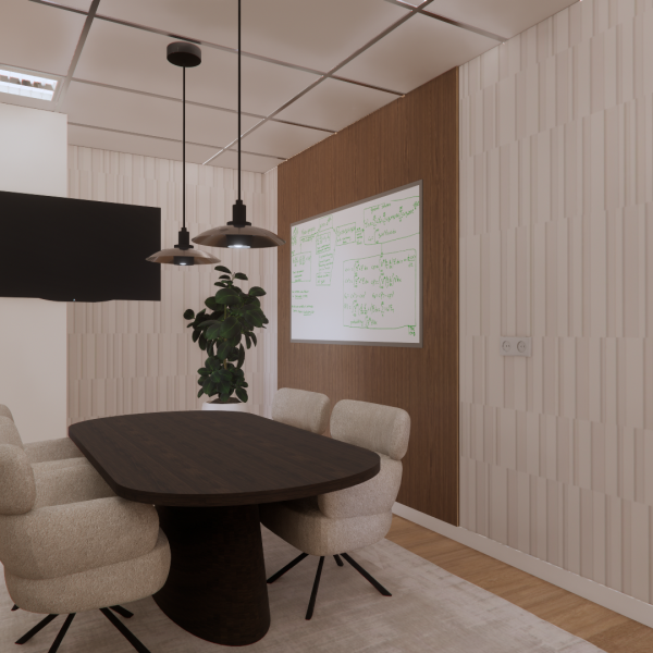 Vergaderruimte met textured behang en houten panelen bij Paperdigits