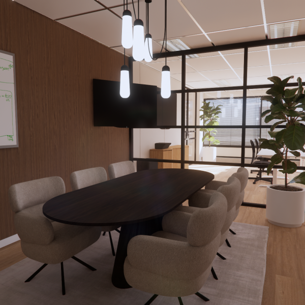 Vergaderruimte met textured behang en houten panelen bij Paperdigits